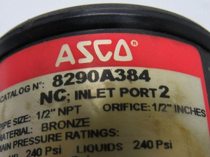 Asco 8290A384 Normally Closed Entry Under the Disc Angle Body Piston Valve 1/2"