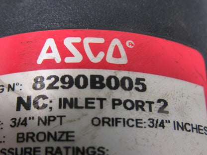 Asco 8290B005 Normally Closed Entry Under the Disc Angle Body Piston Valve 3/4"