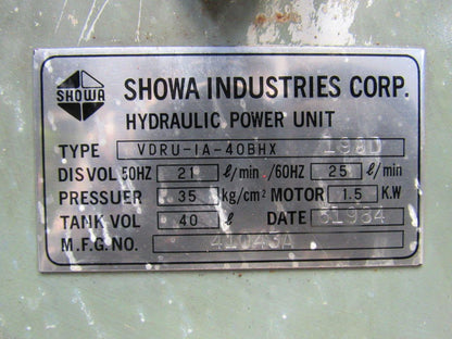 Showa VDRU-IA-40BHX-199D Hydraulic Power Unit From an Okuma LG20-2ST CNC Lathe