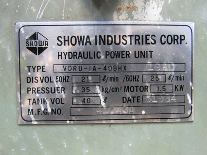 Showa VDRU-IA-40BHX-199D Hydraulic Power Unit From an Okuma LG20-2ST CNC Lathe