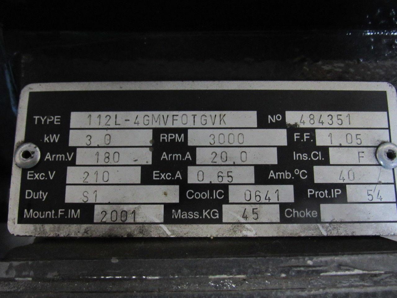 112L-4GMVF0TGVK 180arm/210exc VDC 3000RPM 3.0kW DC Motor Pump W/ 460V Brake