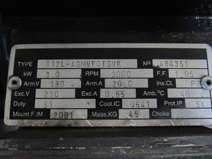 112L-4GMVF0TGVK 180arm/210exc VDC 3000RPM 3.0kW DC Motor Pump W/ 460V Brake