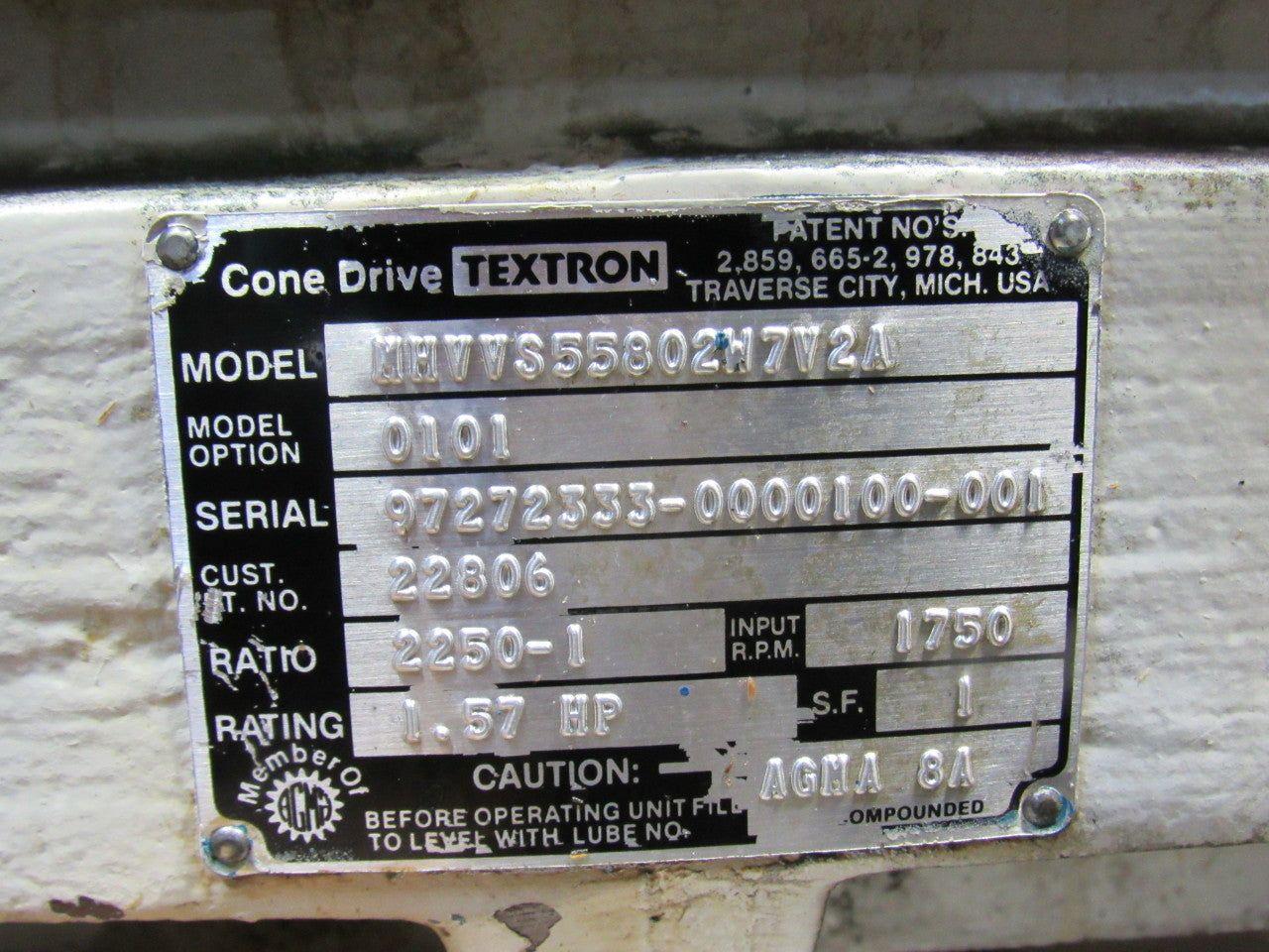 Textron Cone Drive MHVVS55802W7V2A Gear Box Speed Reducer 2250:1 Ratio
