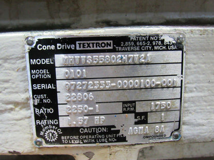 Textron Cone Drive MHVVS55802W7V2A Gear Box Speed Reducer 2250:1 Ratio