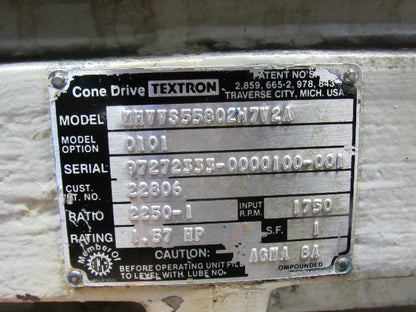 Textron Cone Drive MHVVS55802W7V2A Gear Box Speed Reducer 2250:1 Ratio