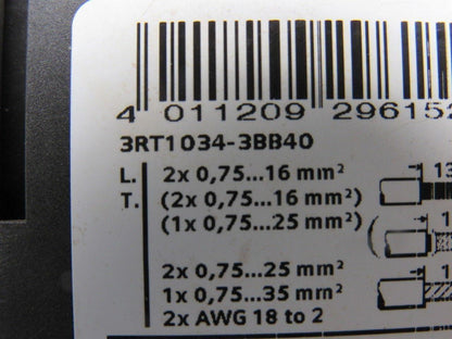 Siemens 3RT1034-3BB40 690V 30Hp Motor Starter Contactor 24VDC Coil