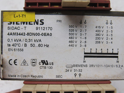 Siemens 4AM3442-8DN00-0EA0 208-550V Pri 24V Sec 50/60Hz 0.1/0.31kVA Transformer
