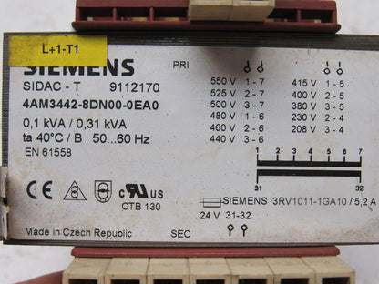 Siemens 4AM3442-8DN00-0EA0 208-550V Pri 24V Sec 50/60Hz 0.1/0.31kVA Transformer