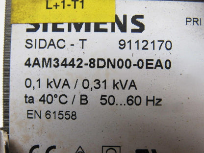Siemens 4AM3442-8DN00-0EA0 208-550V Pri 24V Sec 50/60Hz 0.1/0.31kVA Transformer