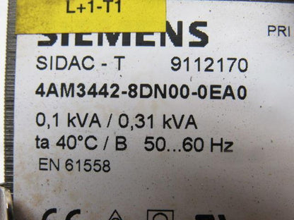 Siemens 4AM3442-8DN00-0EA0 208-550V Pri 24V Sec 50/60Hz 0.1/0.31kVA Transformer