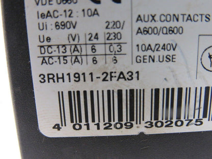 Siemens 3RH1911-2FA31 10A 240V Auxiliary Contact Lot Of 3