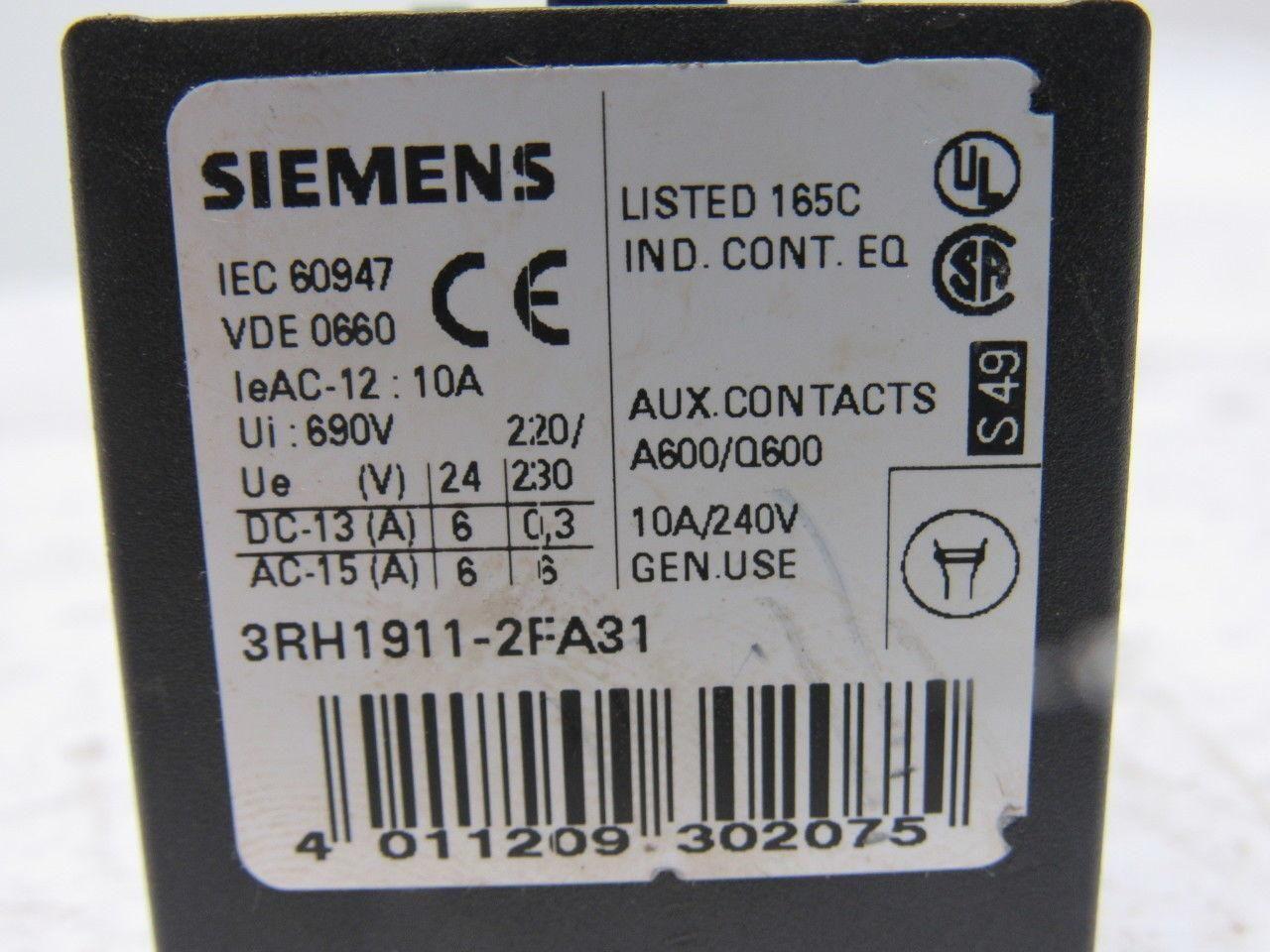 Siemens 3RH1911-2FA31 10A 240V Auxiliary Contact Lot Of 3