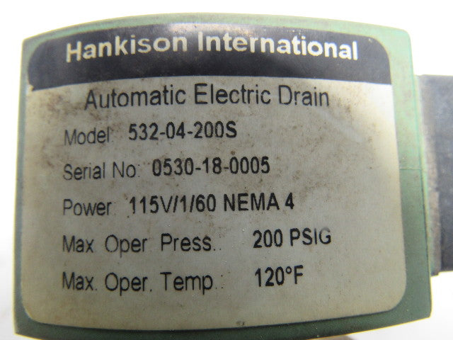 Hankison 532-04-200S 200PSI 115V Automatic Drain Valve 1/2" Ports