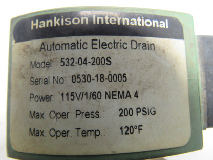 Hankison 532-04-200S 200PSI 115V Automatic Drain Valve 1/2" Ports