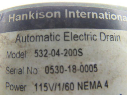 Hankison 532-04-200S 200PSI 115V Automatic Drain Valve 1/2" Ports