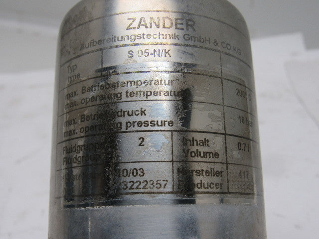 Zander S 05-N/K 16 Bar 0.7L 200°C Microfilter Stainless Steel 3/8" NPT