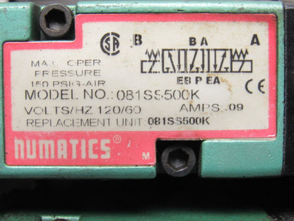 Numatics 081SS500K 5/3 Open Center regulated Valve Manifold Assembly 110V Col
