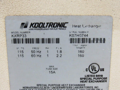 Kooltronic KXRP33 115V 50/60Hz Panel Mount Heat Exchanger Cooling Unit