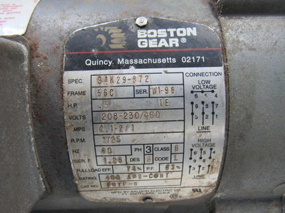 Boston Gear 34K29-872 10:1 Ratio .5Hp 208-230/460V 3Ph 1" Thru Shaft Gear Motor