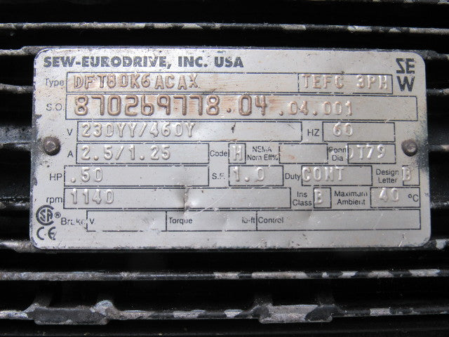 SEW-EURODRIVE 870269778.04.04.001 1/2HP Gearmotor 230/460V 3Ph 137.08:1 Ratio