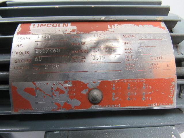 Lincoln TV. 2509 1-1/2HP Electric Motor 230/460V 3PH 143T Frame 3420 RPM
