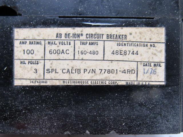 Westinghouse 48E8744 600AC 100A 3Pole 160-480A Trip Range DE-Ion Circuit Breaker