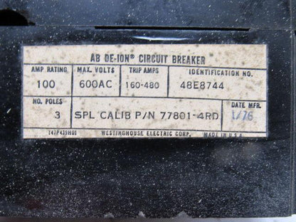 Westinghouse 48E8744 600AC 100A 3Pole 160-480A Trip Range DE-Ion Circuit Breaker
