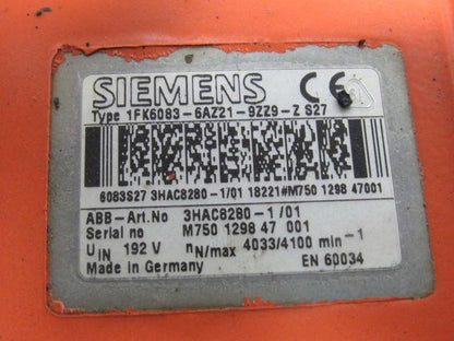 ABB Siemens 3HAC 8280-1 192V 4033/4100RPM Robotic Servo Motor