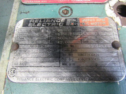 Reliance T25R1303A-XE 25Hp Electric Motor 500VDC W/Tachometer Generator