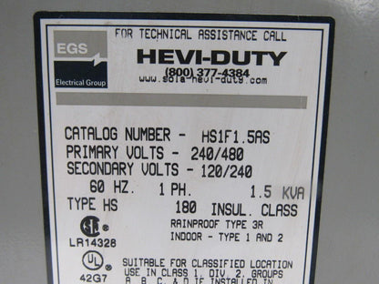 Heavy-Duty HS1F1.5AS 1.5 KVA Transformer 240/480 Sec. 120/240V Sec.1pH 60Hz