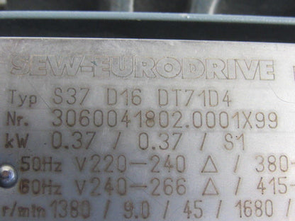 Sew Eurodrive S37D16DT71D4 Varimot .37kW 240/480V Variable Speed Reducer