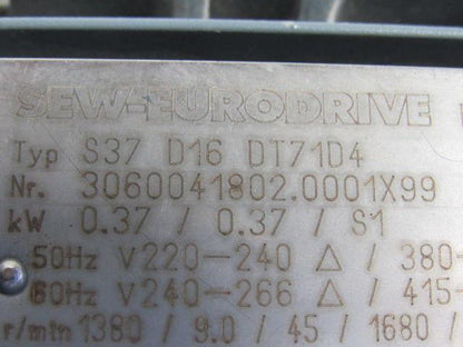 Sew Eurodrive S37D16DT71D4 Varimot .37kW 240/480V Variable Speed Reducer