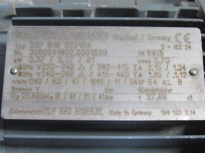 Sew Eurodrive S37D16DT71D4 Varimot .37kW 240/480V Variable Speed Reducer