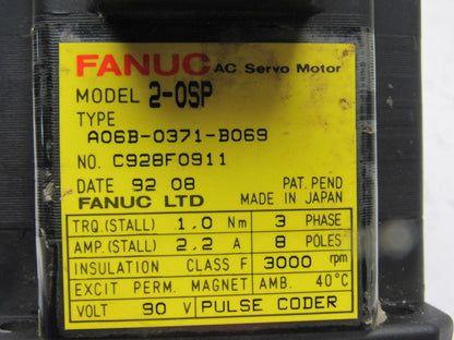 Fanuc A06B-0371-B069 90V 1.0Nm Stall 3Ph 3000RPM Perm Magnet AC Servo Motor