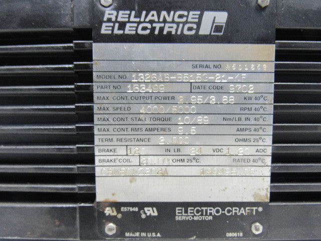 Reliance Electric 1326AB-B515G-21K5 5000RPM 3.58kW 89Nm/LB Stall AC Servo Motor