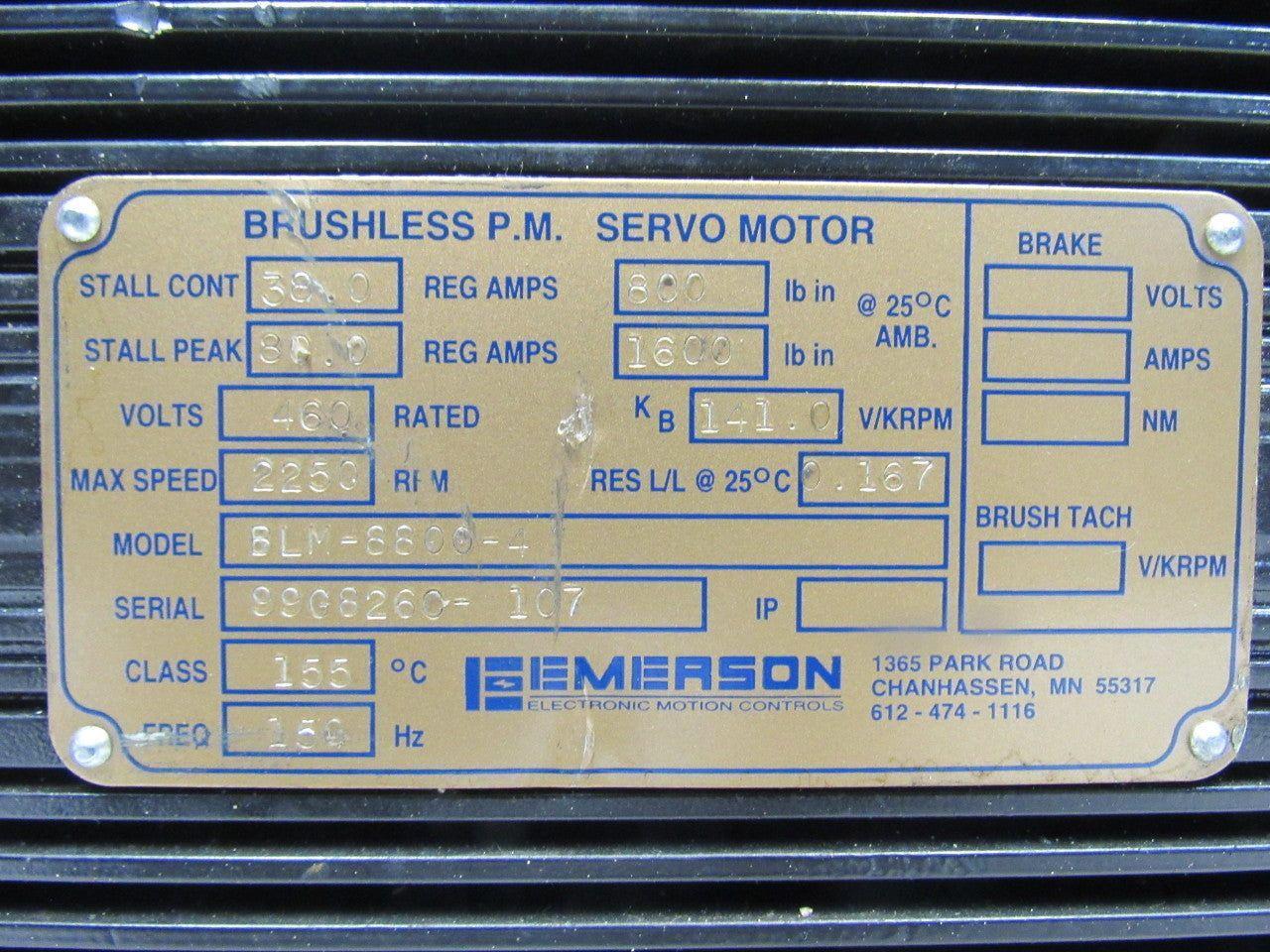 Emerson BLM-8800-4 460V 2250RPM 80A Stall 150Hz Brushless Perm Mag Servo Motor