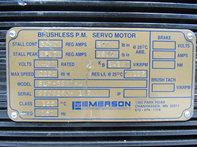 Emerson BLM-8800-4 460V 2250RPM 80A Stall 150Hz Brushless Perm Mag Servo Motor