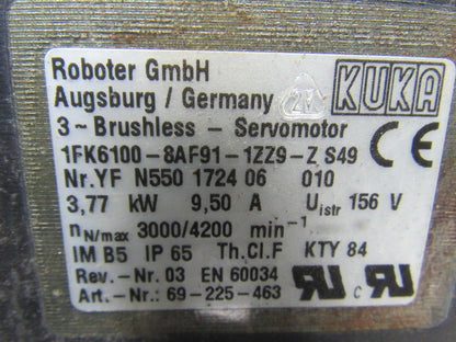 Kuka 1FK6100-8AF91-1ZZ9-ZS49 156V 3.77kW 9.5A 4200RPM MAX 3Ph Servo Motor