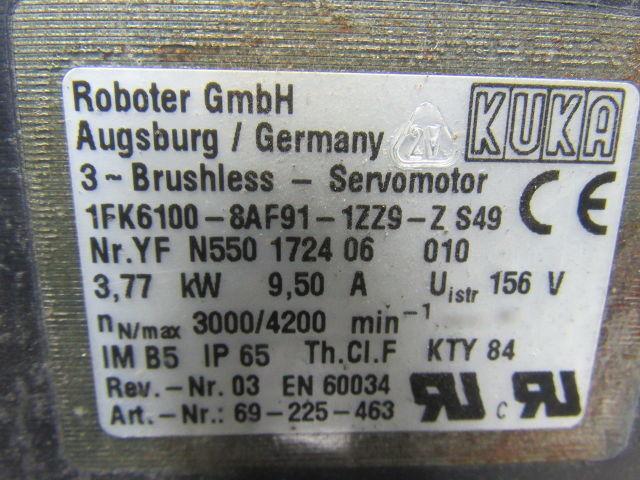 Kuka 1FK6100-8AF91-1ZZ9-ZS49 156V 3.77kW 9.5A 4200RPM MAX 3Ph Servo Motor