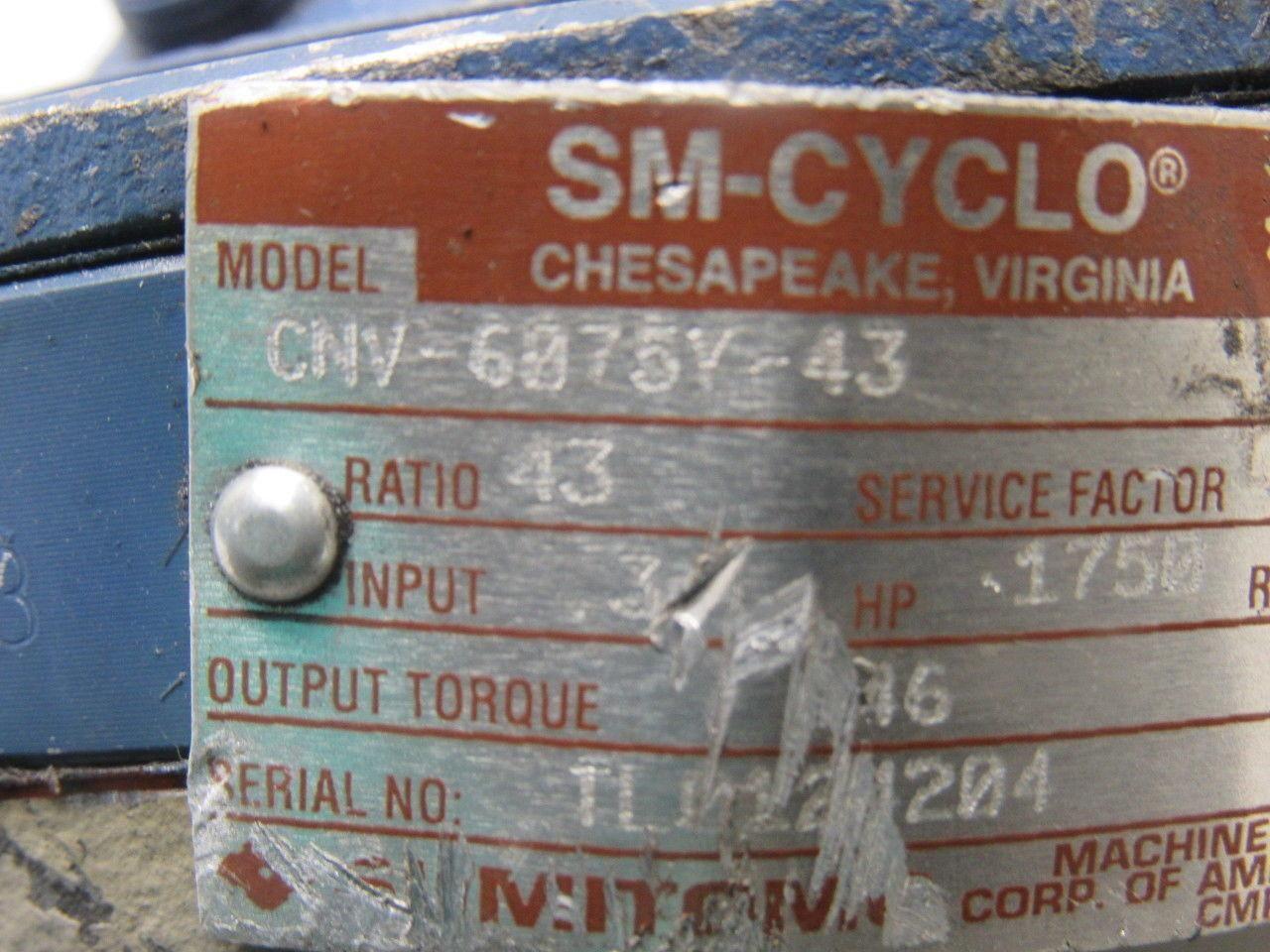 Sumitomo CNV-6075Y-43 43:1 Ratio 1750RPM .3Hp Input 40RPM Output Gea Reducer