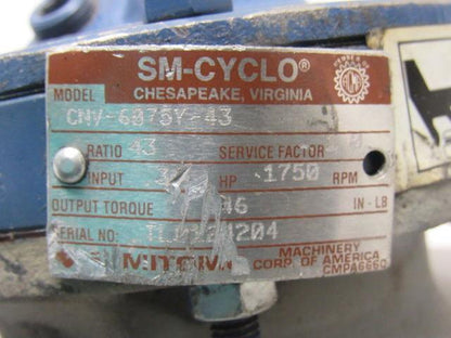 Sumitomo CNV-6075Y-43 43:1 Ratio 1750RPM .3Hp Input 40RPM Output Gea Reducer