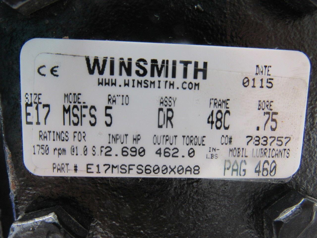 Winsmith E17MSFS5DR48C.75 5:1 Ratio 1750RPM 2.69Hp Input 350RPM Output Gear Box