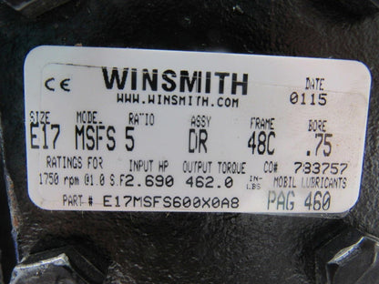 Winsmith E17MSFS5DR48C.75 5:1 Ratio 1750RPM 2.69Hp Input 350RPM Output Gear Box