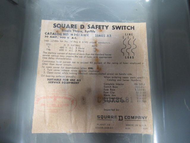 Square D Pyle YXA13032-G 600V 20Hp 30A 3Ph Fused 3 Pole Disconnect 4P Plug