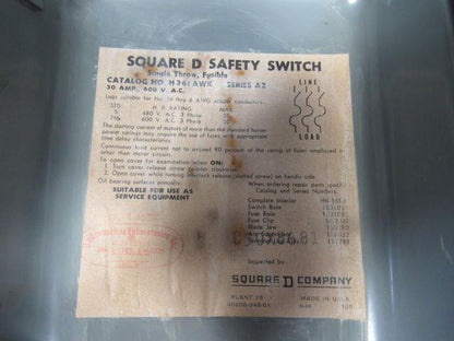 Square D Pyle YXA13032-G 600V 20Hp 30A 3Ph Fused 3 Pole Disconnect 4P Plug