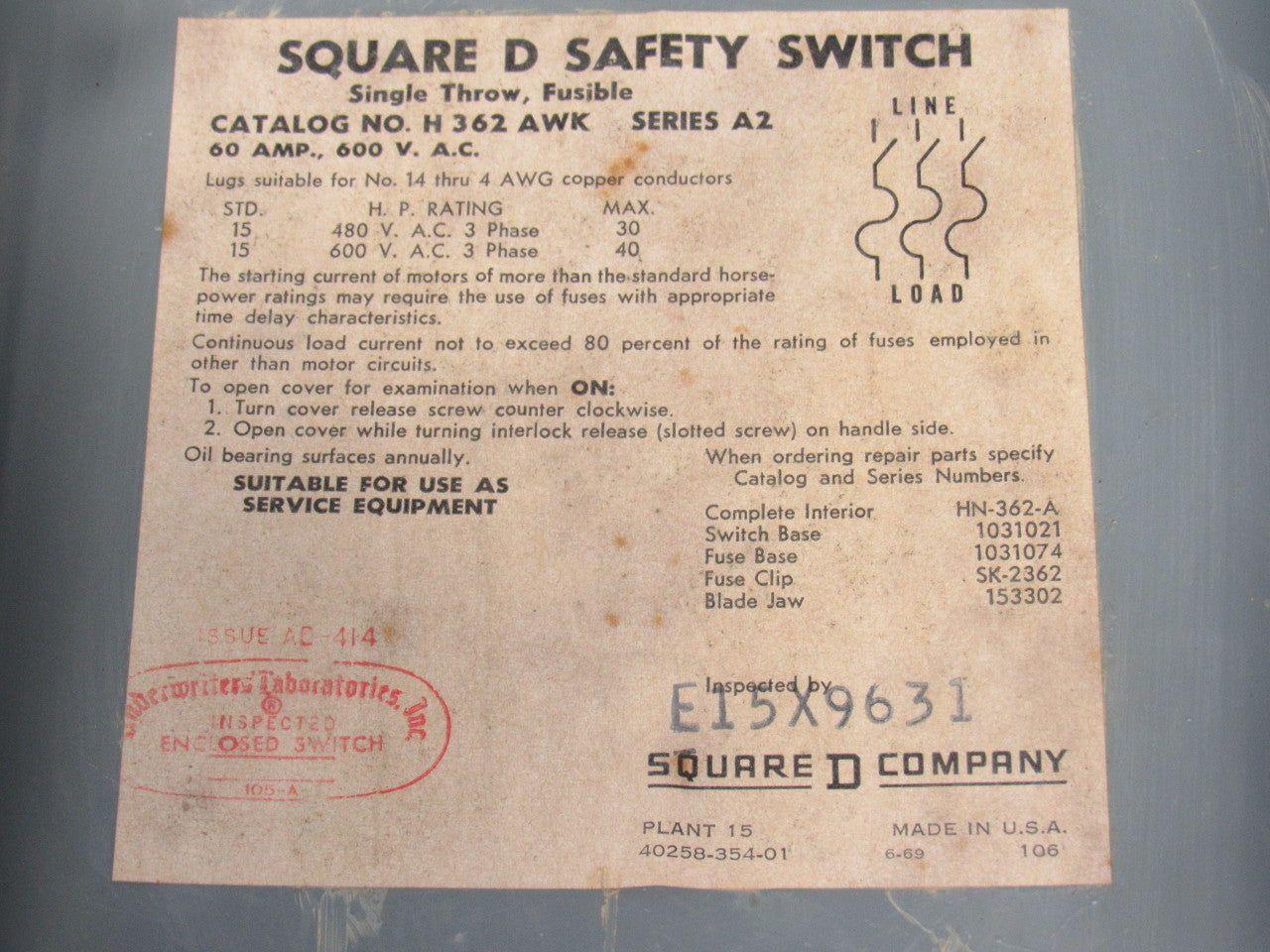 Square D Pyle H362AWK JRCBB-36036 60A 600V 3P Fused Disconnect W/ Style J Plug