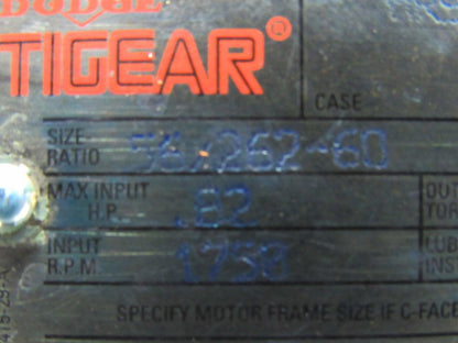 Dodge 56/262-60 60:1 Ratio 1750RPM .82HP Input 29RPM LH Output Gear Box