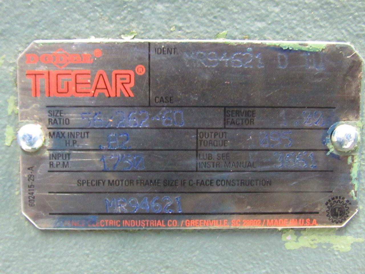 Dodge 56/262-60 60:1 Ratio 1750RPM .82HP Input 29RPM LH Output Gear Box