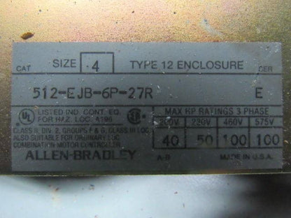 Allen Bradley 512-EJB-6P-27R Disconnect Safety Switch 200A 600V Fused Size 4