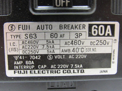 Fuji S63 60A 3 Pole Circuit Breaker